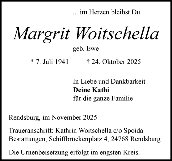Traueranzeige von Margrit Woitschella von Schleswig-Holsteinische Landeszeitung