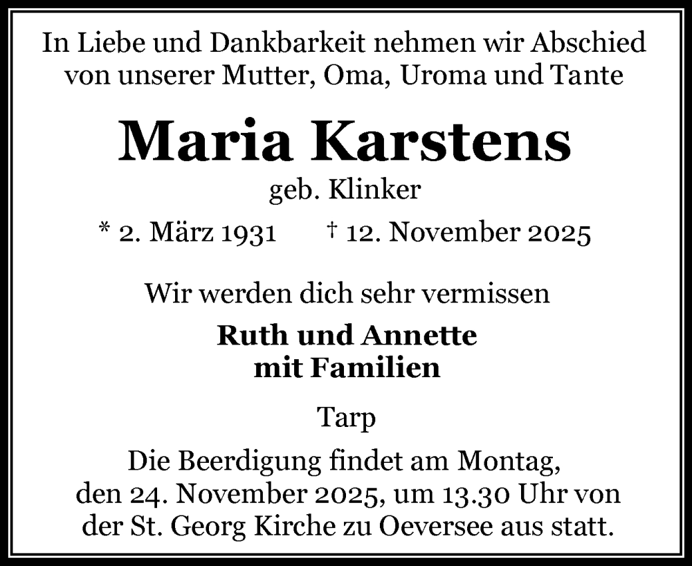  Traueranzeige für Maria Karstens vom 15.11.2025 aus Flensburger Tageblatt