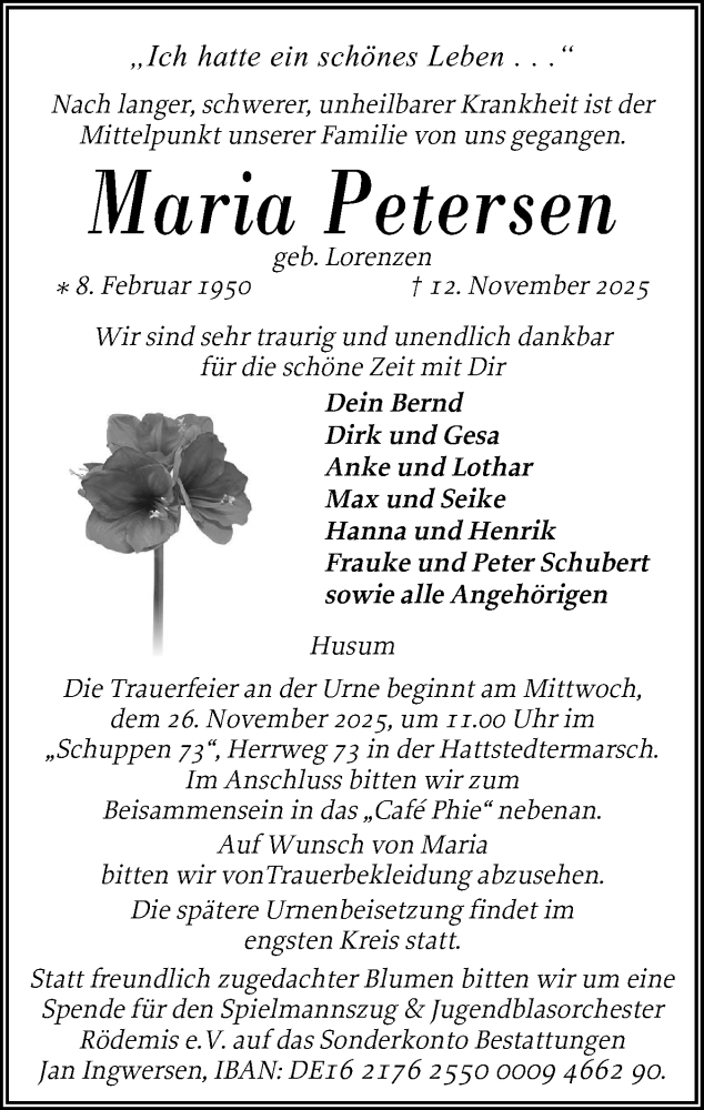  Traueranzeige für Maria Petersen vom 19.11.2025 aus Husumer Nachrichten, Nordfriesland Tageblatt
