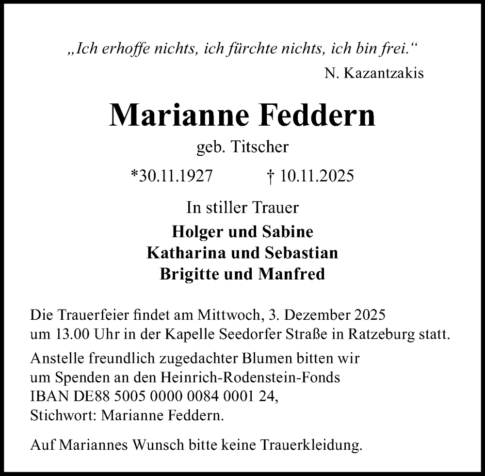  Traueranzeige für Marianne Feddern vom 22.11.2025 aus MARKT Ratzeburg/Mölln