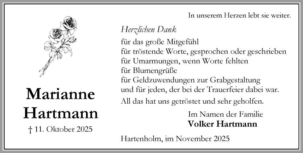  Traueranzeige für Marianne Hartmann vom 29.11.2025 aus Umschau