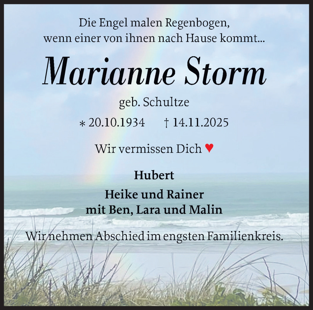  Traueranzeige für Marianne Storm vom 22.11.2025 aus Norddeutsche Rundschau, Wilstersche Zeitung, Glückstädter Fortuna
