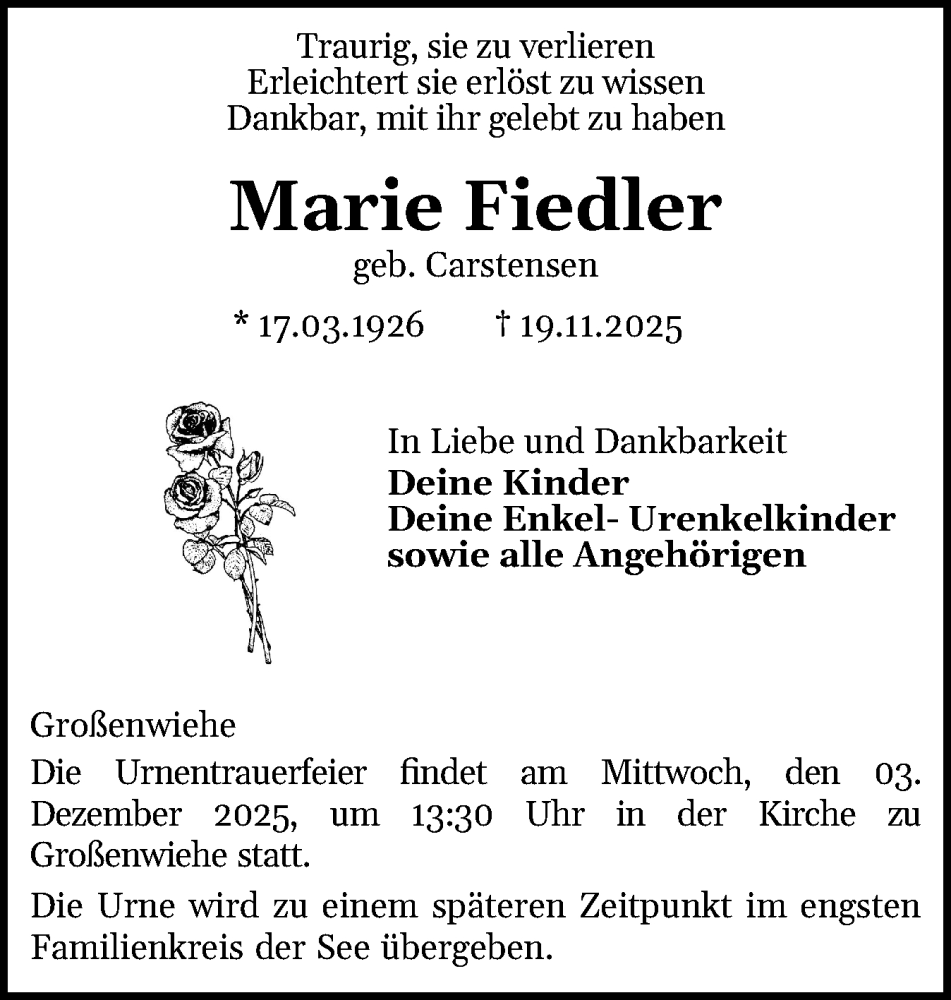  Traueranzeige für Marie Fiedler vom 29.11.2025 aus Flensburger Tageblatt