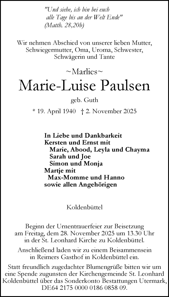  Traueranzeige für Marie-Luise Paulsen vom 15.11.2025 aus Husumer Nachrichten, Nordfriesland Tageblatt