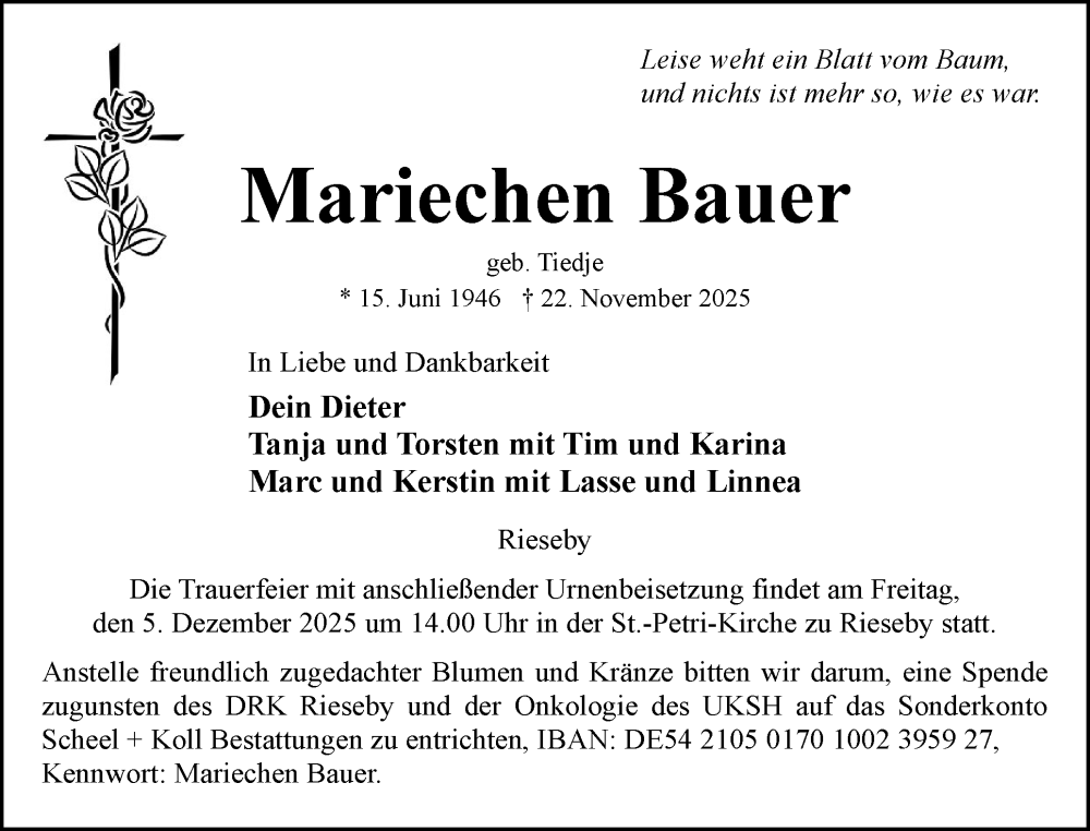  Traueranzeige für Mariechen Bauer vom 29.11.2025 aus Eckernförder Zeitung, Hallo Eckernförde