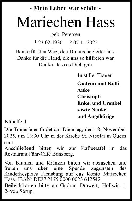 Traueranzeige von Mariechen Hass von Flensburger Tageblatt