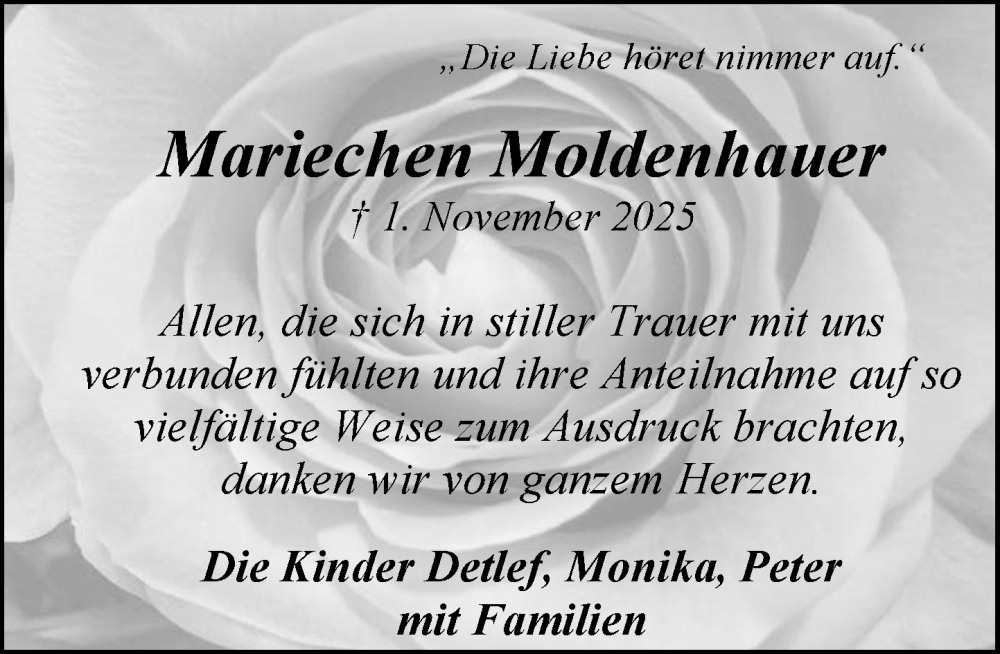  Traueranzeige für Mariechen Moldenhauer vom 29.11.2025 aus MARKT Ratzeburg/Mölln