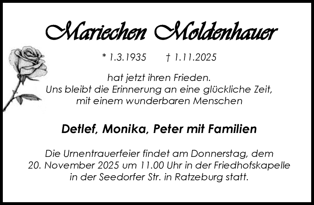  Traueranzeige für Mariechen Moldenhauer vom 15.11.2025 aus MARKT Ratzeburg/Mölln
