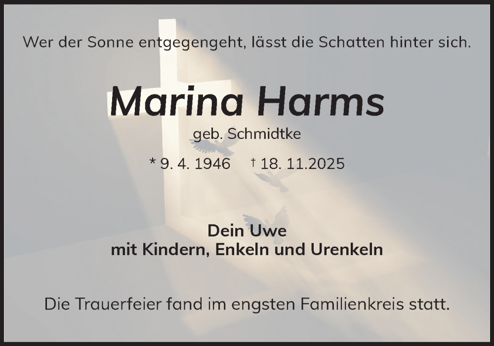  Traueranzeige für Marina Harms vom 29.11.2025 aus Norddeutsche Rundschau, Wilstersche Zeitung, Glückstädter Fortuna