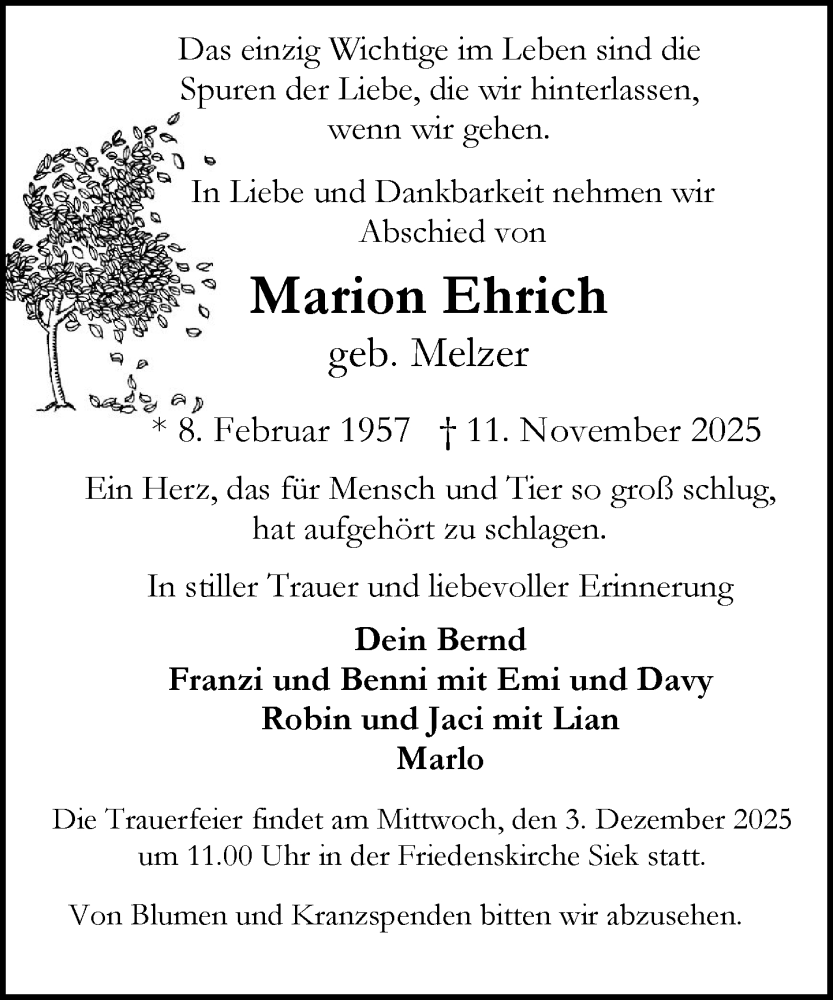  Traueranzeige für Marion Ehrich vom 29.11.2025 aus MARKT Ahrensburg/Bargteheide/Trittau und Stormarner Tageblatt