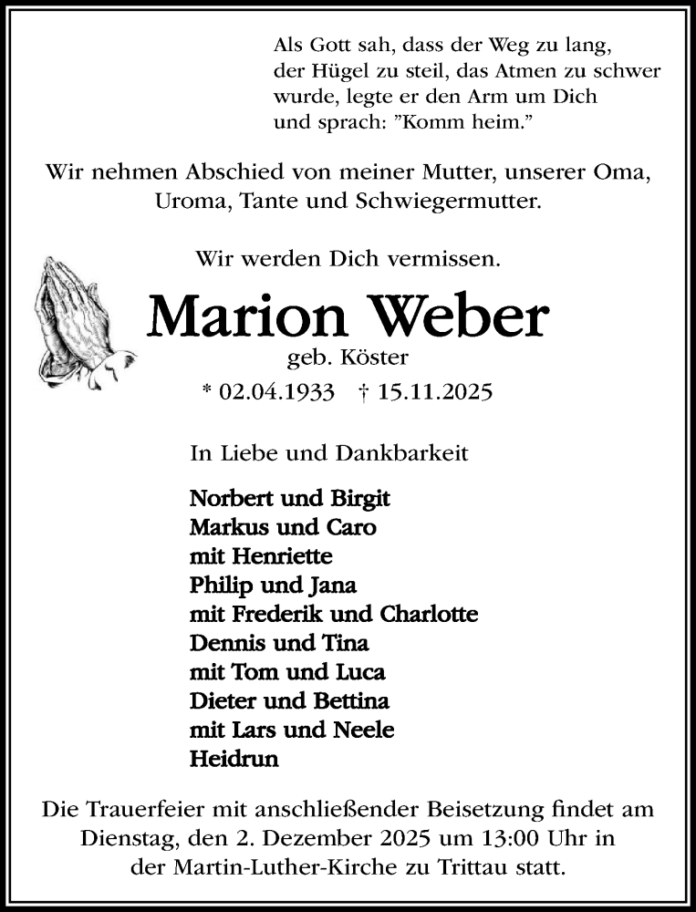  Traueranzeige für Marion Weber vom 29.11.2025 aus MARKT Ahrensburg/Bargteheide/Trittau und Stormarner Tageblatt