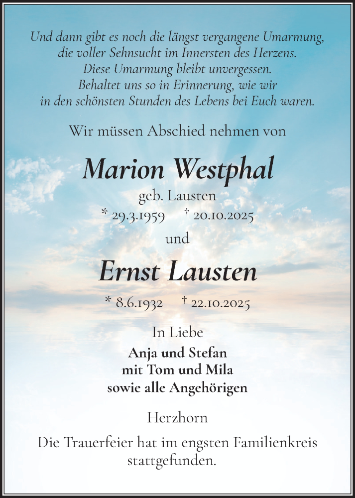  Traueranzeige für Marion Westphal vom 22.11.2025 aus Norddeutsche Rundschau, Wilstersche Zeitung, Glückstädter Fortuna