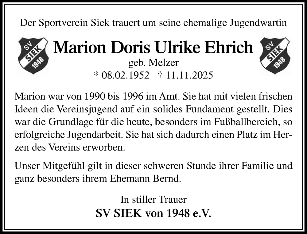  Traueranzeige für Marion Doris Ulrike Ehrich vom 22.11.2025 aus MARKT Ahrensburg/Bargteheide/Trittau und Stormarner Tageblatt
