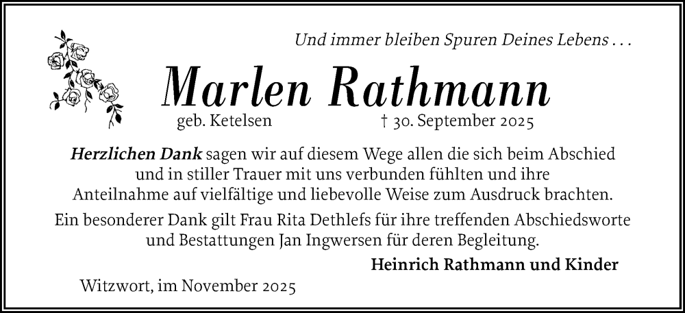  Traueranzeige für Marlen Rathmann vom 12.11.2025 aus Husumer Nachrichten, Nordfriesland Tageblatt