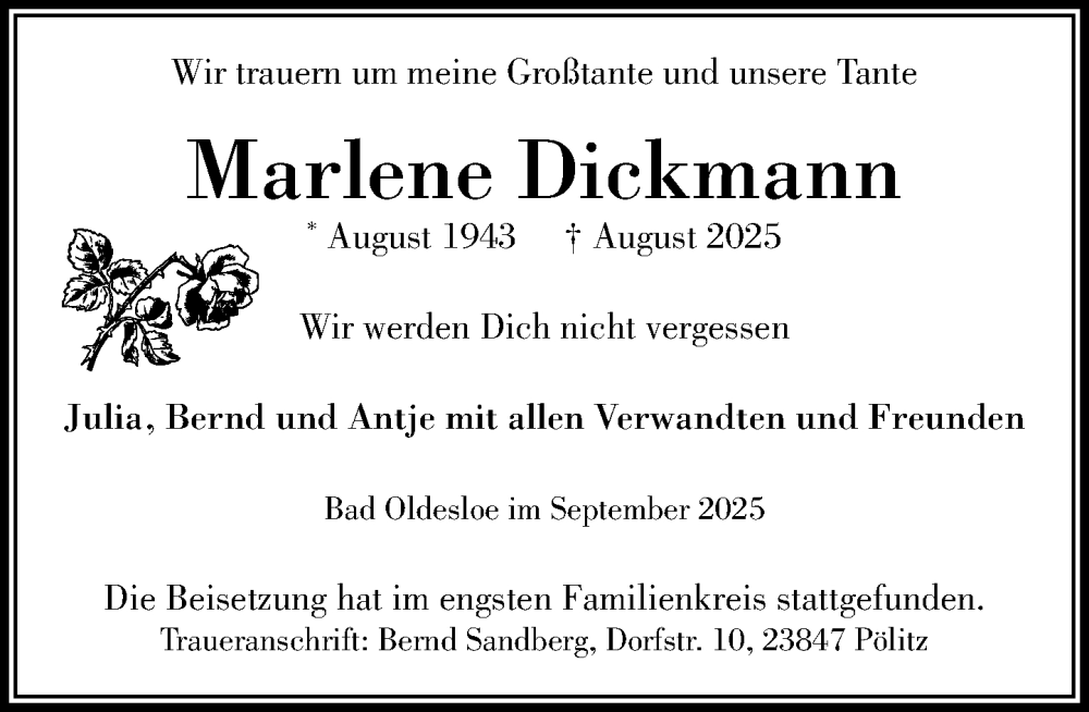  Traueranzeige für Marlene Dickmann vom 15.11.2025 aus MARKT Bad Oldesloe/Reinfeld und Stormarner Tageblatt