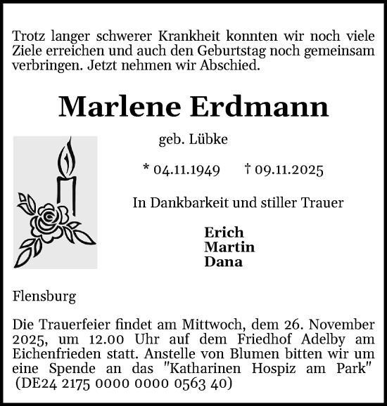 Traueranzeige von Marlene Erdmann von Flensburger Tageblatt