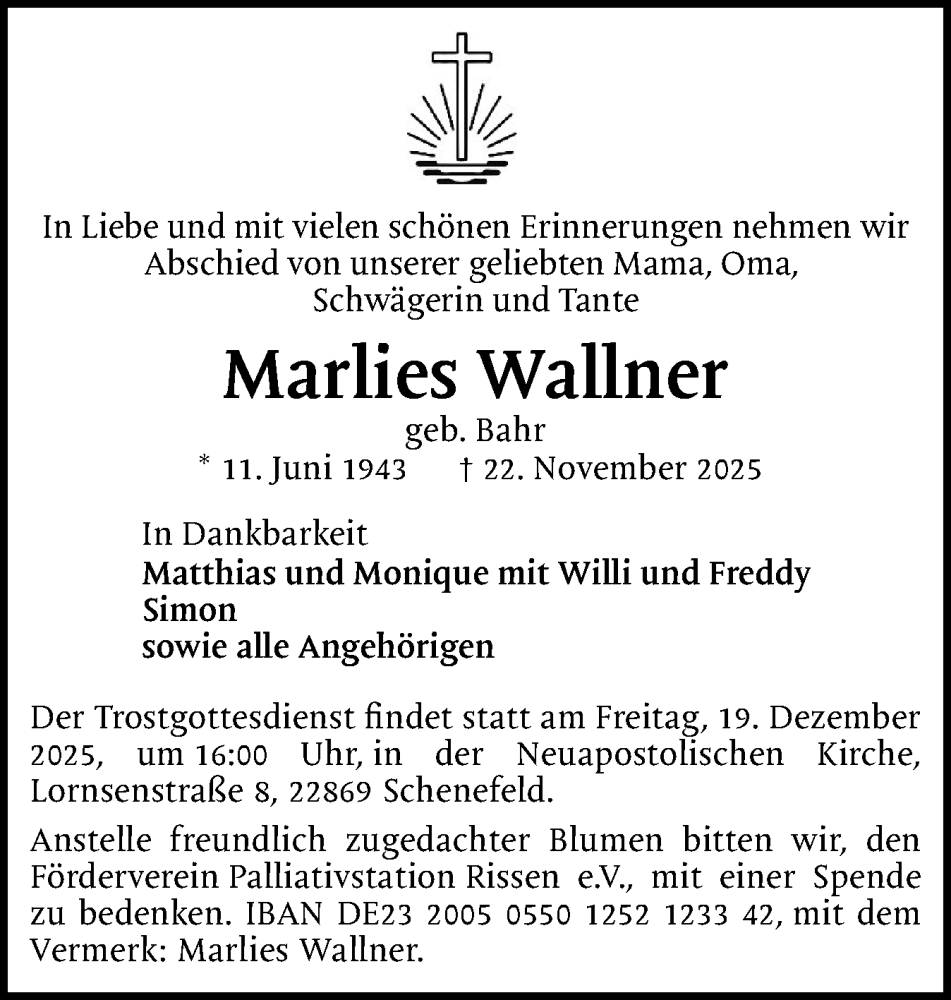  Traueranzeige für Marlies Wallner vom 29.11.2025 aus Region Pinneberg und tip Pinneberg