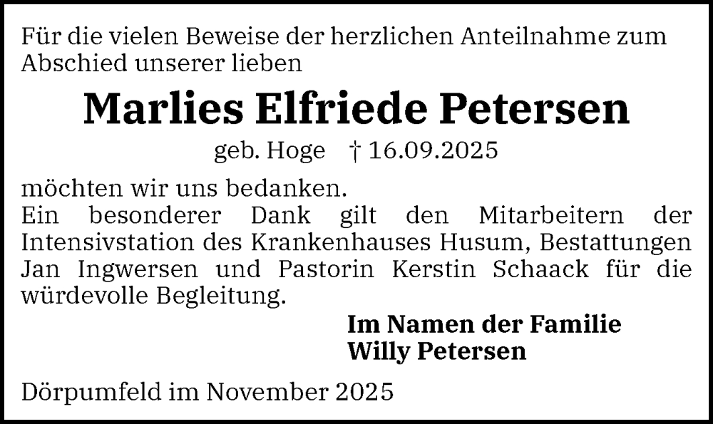  Traueranzeige für Marlies Elfriede Petersen vom 22.11.2025 aus Husumer Nachrichten, Nordfriesland Tageblatt