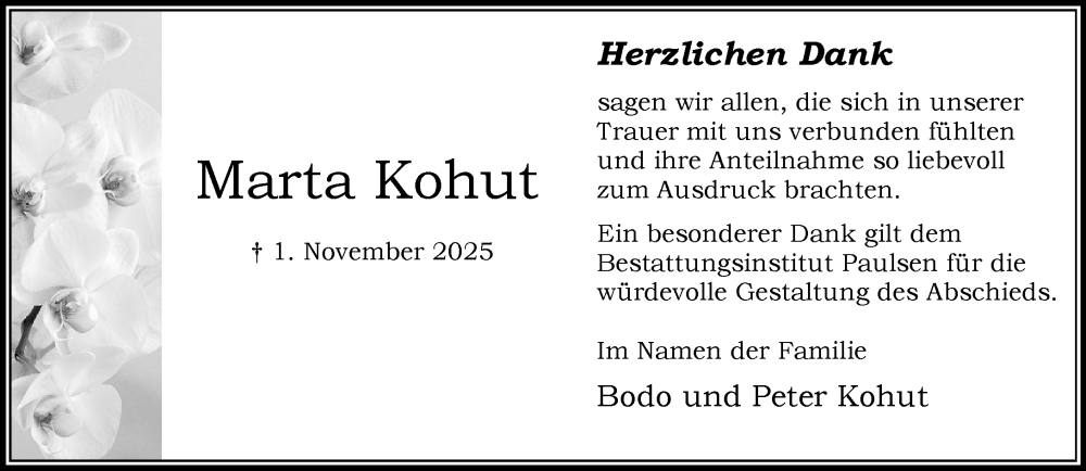  Traueranzeige für Marta Kohut vom 15.11.2025 aus MARKT Bad Oldesloe/Reinfeld und Stormarner Tageblatt