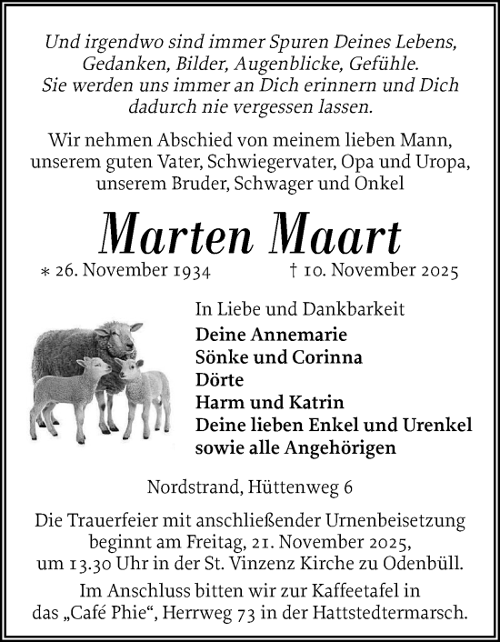 Traueranzeige von Marten Maart von Husumer Nachrichten, Nordfriesland Tageblatt