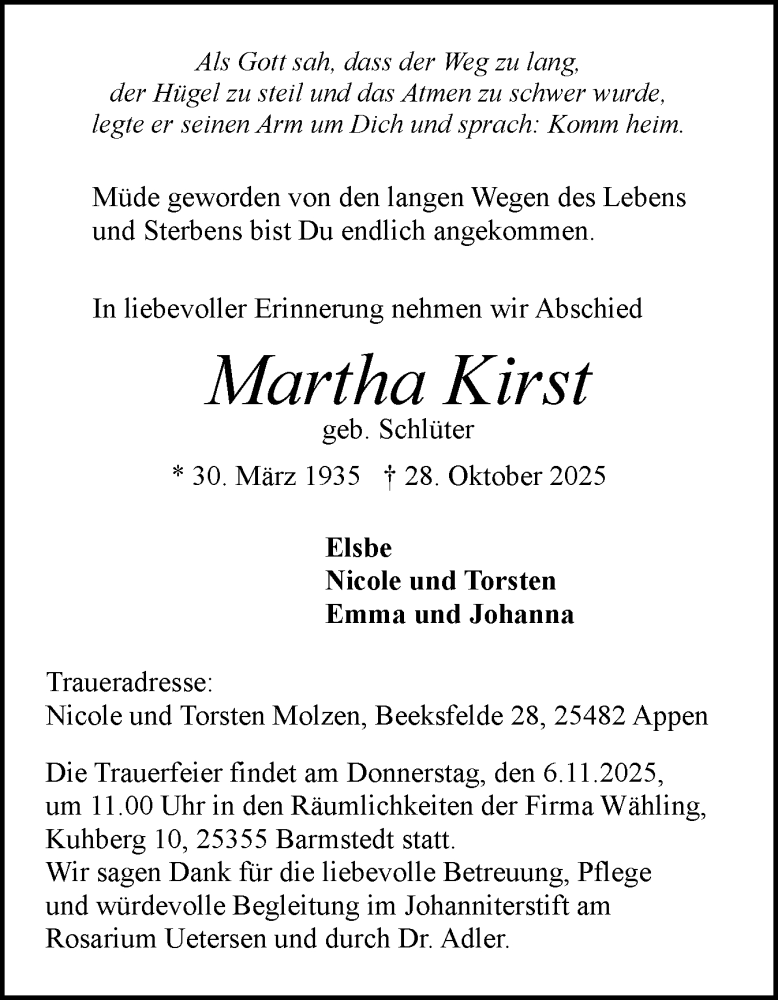  Traueranzeige für Martha Kirst vom 05.11.2025 aus Elmshorner Nachrichten, Barmstedter Zeitung