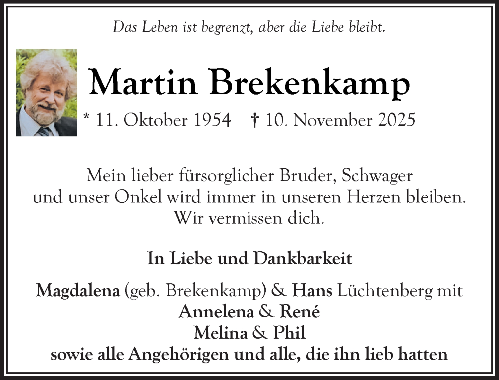  Traueranzeige für Martin Brekenkamp vom 22.11.2025 aus MARKT Bad Oldesloe/Reinfeld und Stormarner Tageblatt