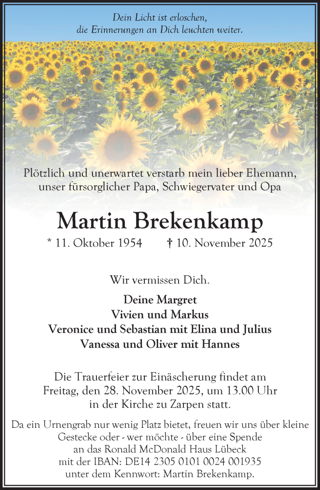  Traueranzeige für Martin Brekenkamp vom 22.11.2025 aus MARKT Bad Oldesloe/Reinfeld und Stormarner Tageblatt