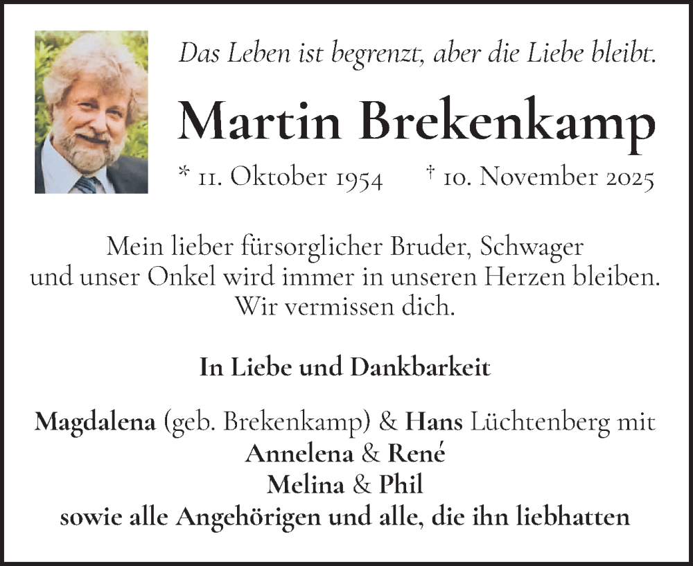  Traueranzeige für Martin Brekenkamp vom 29.11.2025 aus Eckernförder Zeitung, Hallo Eckernförde