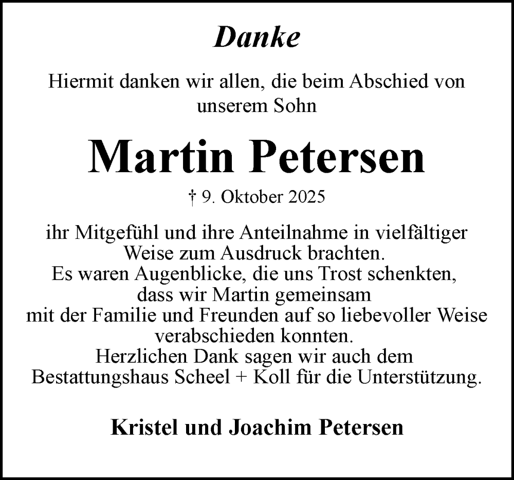  Traueranzeige für Martin Petersen vom 15.11.2025 aus Eckernförder Zeitung, Hallo Eckernförde