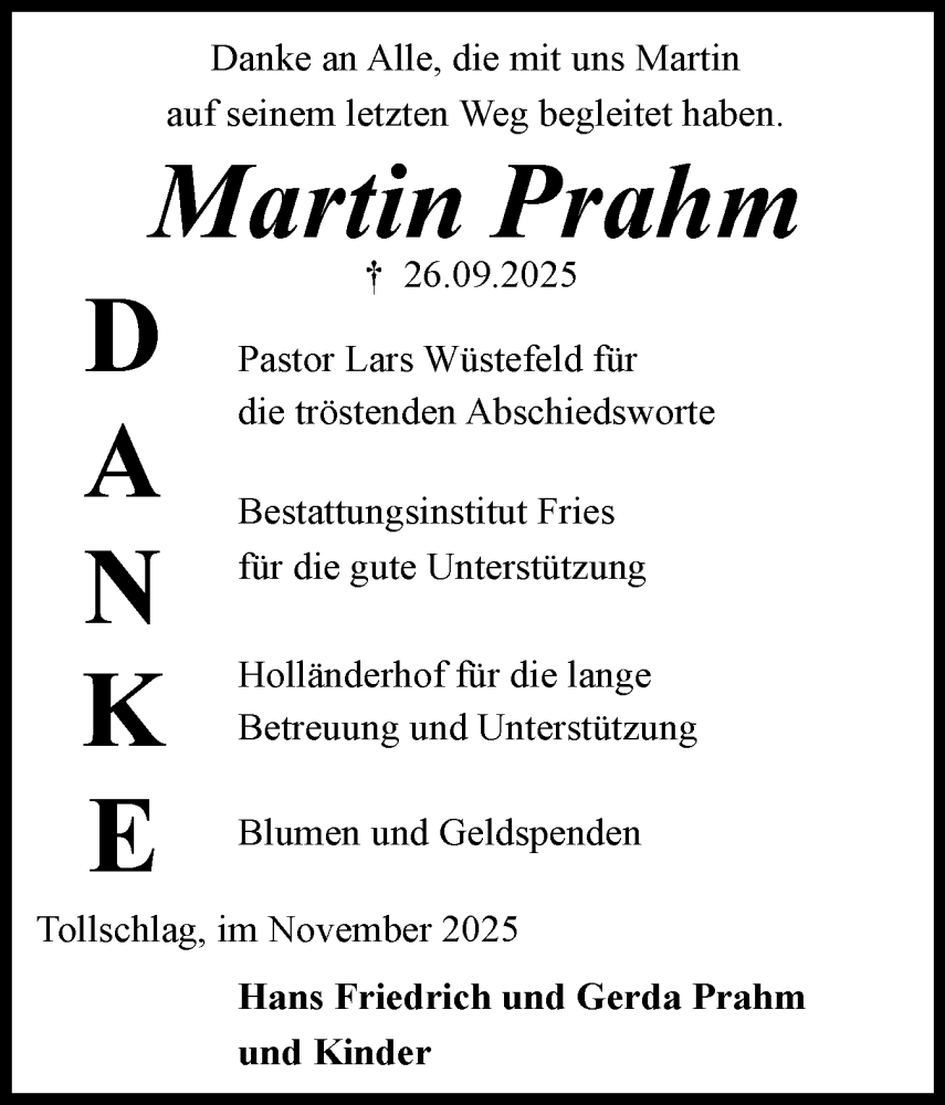  Traueranzeige für Martin Prahm vom 15.11.2025 aus Flensburger Tageblatt