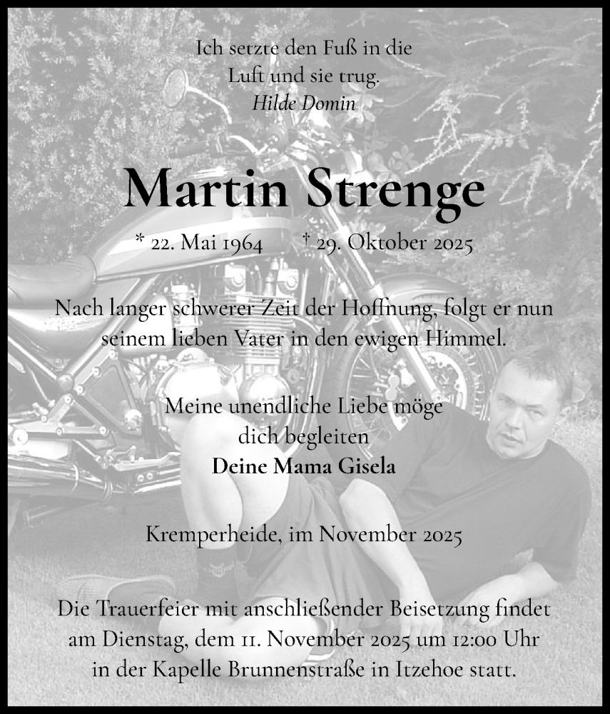  Traueranzeige für Martin Strenge vom 08.11.2025 aus Norddeutsche Rundschau, Wilstersche Zeitung, Glückstädter Fortuna