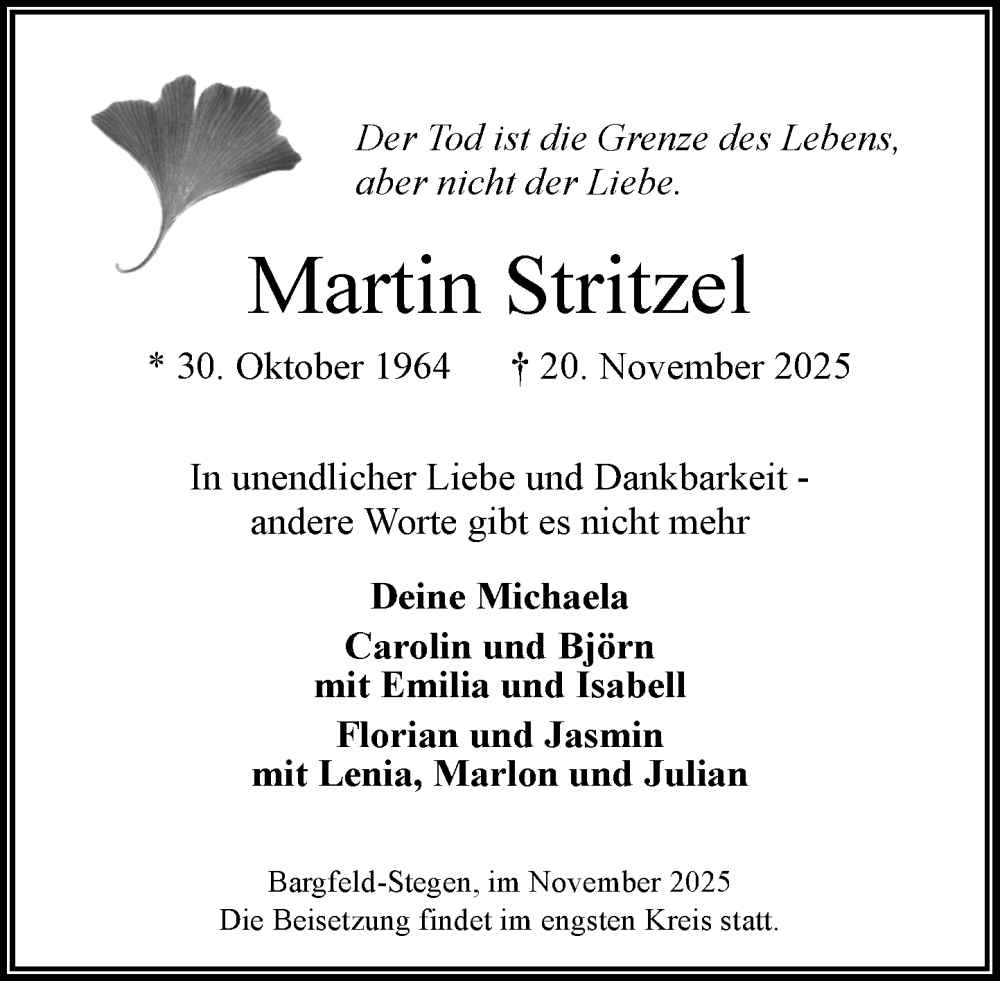  Traueranzeige für Martin Stritzel vom 29.11.2025 aus MARKT Ahrensburg/Bargteheide/Trittau und Stormarner Tageblatt