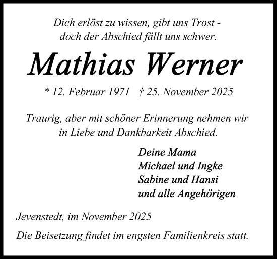 Traueranzeige von Mathias Werner von Schleswig-Holsteinische Landeszeitung