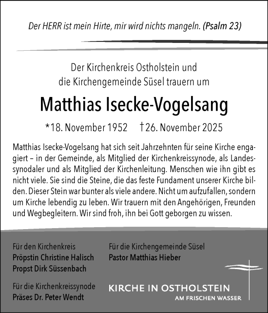 Traueranzeige von Matthias Isecke-Vogelsang von Ostholsteiner Anzeiger