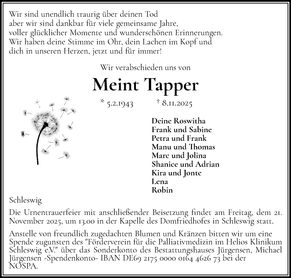  Traueranzeige für Meint Tapper vom 15.11.2025 aus Schleswiger Nachrichten, Schlei-Bote