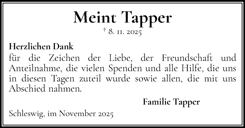  Traueranzeige für Meint Tapper vom 29.11.2025 aus Schleswiger Nachrichten, Schlei-Bote