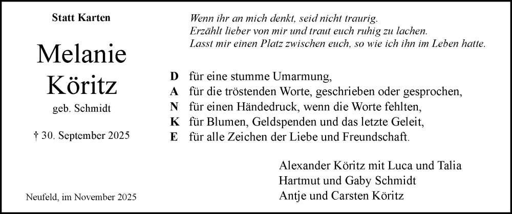  Traueranzeige für Melanie Köritz vom 15.11.2025 aus Norddeutsche Rundschau, Wilstersche Zeitung, Glückstädter Fortuna