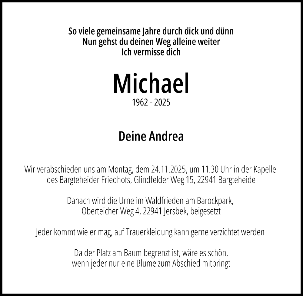  Traueranzeige für Michael  vom 15.11.2025 aus MARKT Ahrensburg/Bargteheide/Trittau und Stormarner Tageblatt