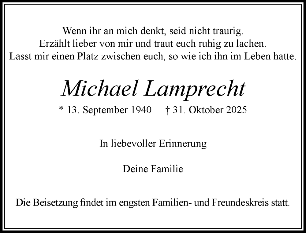  Traueranzeige für Michael Lamprecht vom 15.11.2025 aus MARKT Ahrensburg/Bargteheide/Trittau und Stormarner Tageblatt