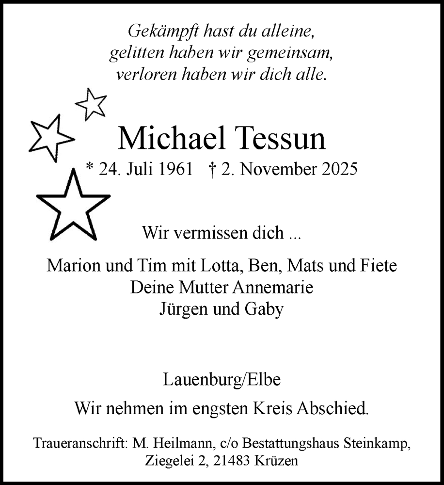  Traueranzeige für Michael Tessun vom 15.11.2025 aus Wochenend Anzeiger