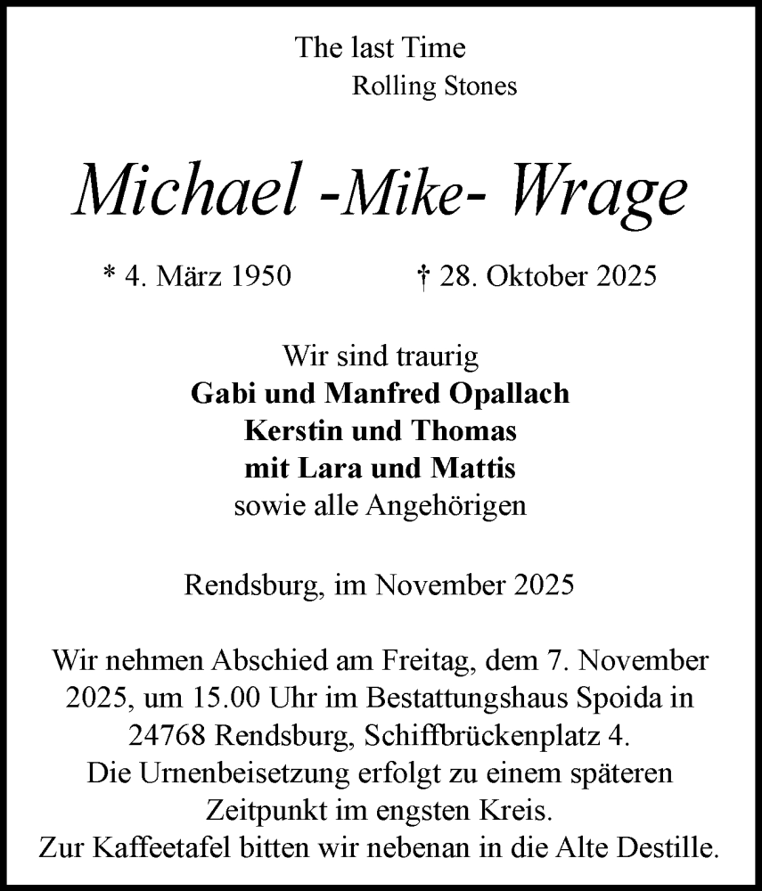  Traueranzeige für Michael Wrage vom 04.11.2025 aus Schleswig-Holsteinische Landeszeitung