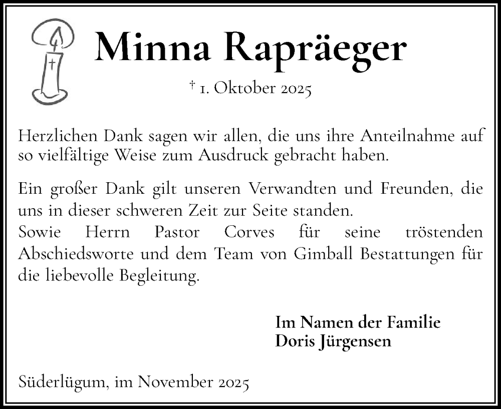  Traueranzeige für Minna Rapräeger vom 07.11.2025 aus Husumer Nachrichten, Nordfriesland Tageblatt