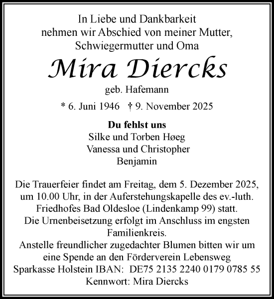 Traueranzeige von Mira Diercks von MARKT Bad Oldesloe/Reinfeld und Stormarner Tageblatt