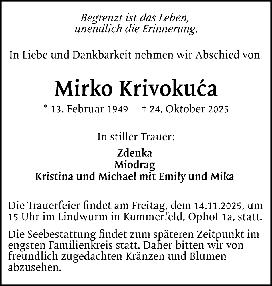  Traueranzeige für Mirko Krivokuca vom 08.11.2025 aus Region Pinneberg und tip Pinneberg