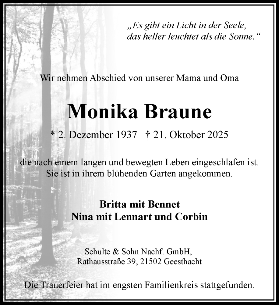  Traueranzeige für Monika Braune vom 29.11.2025 aus Wochenend Anzeiger