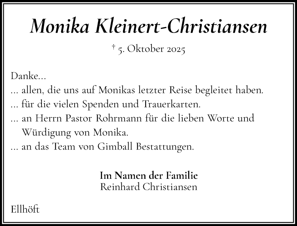  Traueranzeige für Monika Kleinert-Christiansen vom 21.11.2025 aus Husumer Nachrichten, Nordfriesland Tageblatt