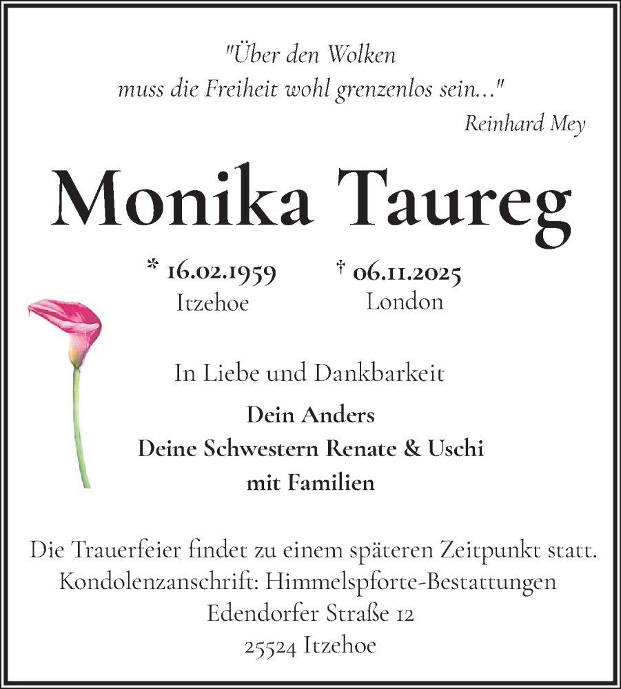  Traueranzeige für Monika Taureg vom 22.11.2025 aus Norddeutsche Rundschau, Wilstersche Zeitung, Glückstädter Fortuna