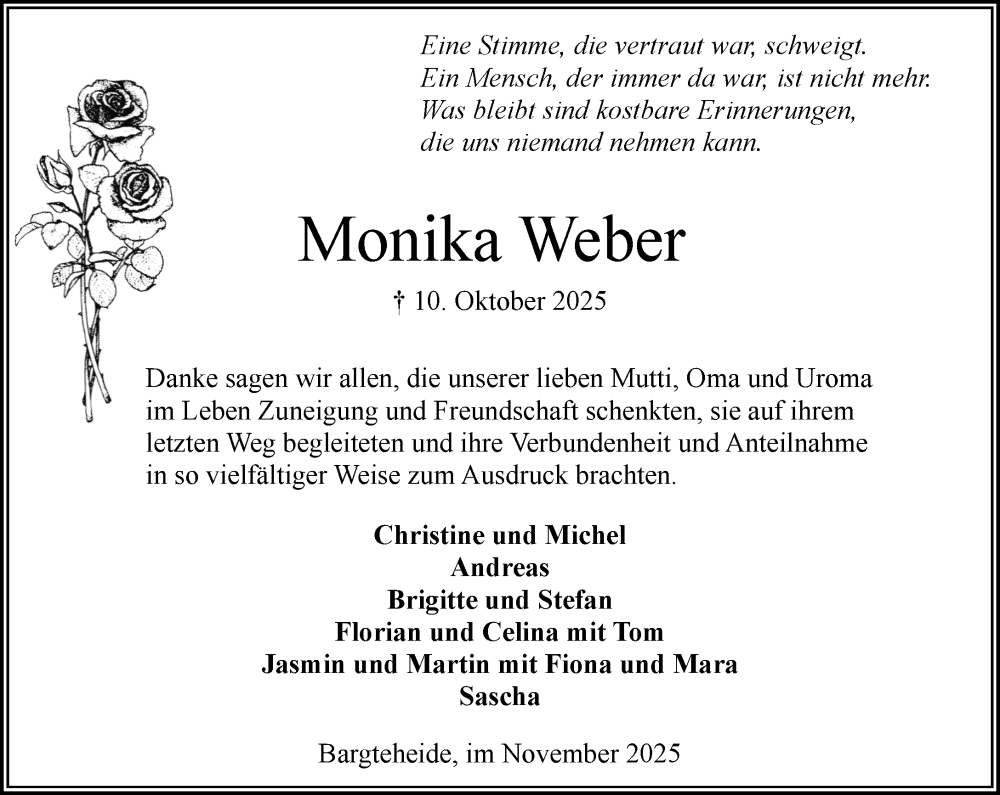  Traueranzeige für Monika Weber vom 22.11.2025 aus MARKT Ahrensburg/Bargteheide/Trittau und Stormarner Tageblatt