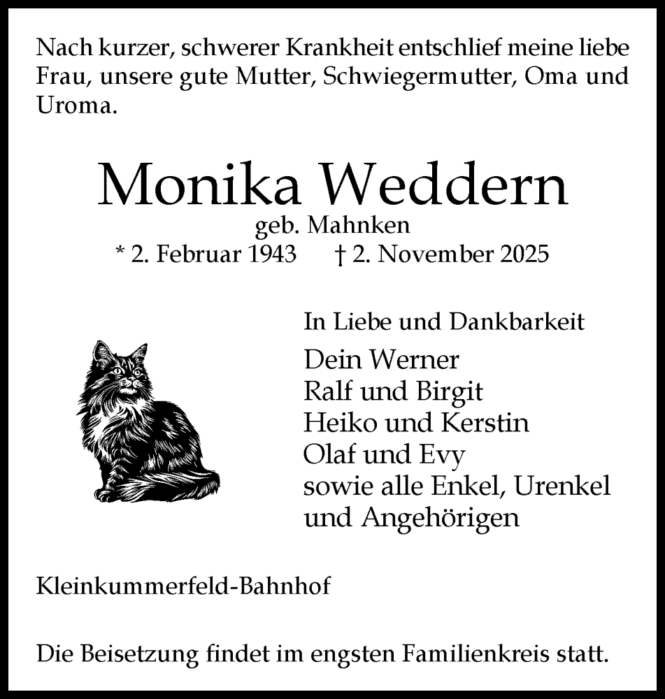 Traueranzeige für Monika Weddern vom 08.11.2025 aus Holsteinischer Courier