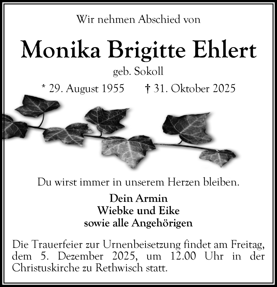  Traueranzeige für Monika Brigitte Ehlert vom 22.11.2025 aus MARKT Bad Oldesloe/Reinfeld und Stormarner Tageblatt
